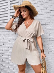 SHEIN Clasi Plus Surplice Neck Belted Romper - Beige - View 1