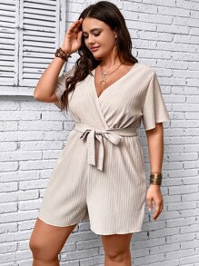 SHEIN Clasi Plus Surplice Neck Belted Romper - Beige - View 3