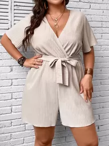SHEIN Clasi Plus Surplice Neck Belted Romper - Beige - View 6