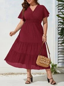 SHEIN Clasi Plus Butterfly Sleeve Ruffle Hem Dress - Burgundy - View 3