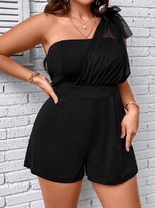 SHEIN Clasi Jumpsuits Plus Size Tương phản Mesh Thắt nút Dây kéo màu trơn Giải trí - màu đen - Xem 3