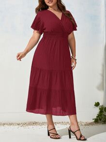 SHEIN Clasi Plus Butterfly Sleeve Ruffle Hem Dress - Burgundy - View 4