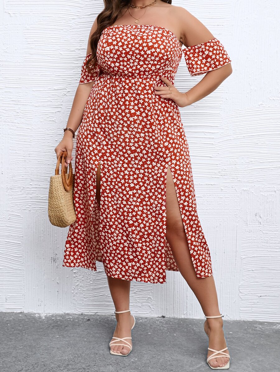 SHEIN Holidaya Plus Ditsy Print Off Shoulder Split Thigh Dress - Red and White - View 1