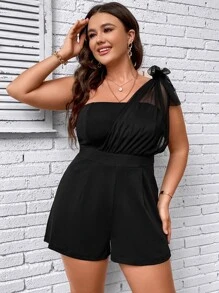 SHEIN Clasi Jumpsuits Plus Size Tương phản Mesh Thắt nút Dây kéo màu trơn Giải trí - màu đen - Xem 5