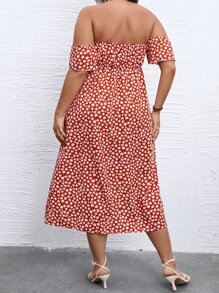 SHEIN Holidaya Plus Ditsy Print Off Shoulder Split Thigh Dress - Red and White - View 2