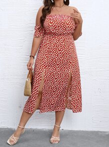 SHEIN Holidaya Plus Ditsy Print Off Shoulder Split Thigh Dress - Red and White - View 3