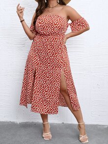 SHEIN Holidaya Plus Ditsy Print Off Shoulder Split Thigh Dress - Red and White - View 5