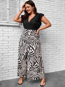 SHEIN Clasi Plus Zebra Striped Ruffle Trim Wide Leg Jumpsuit Without Belt - Multicolor - View 5