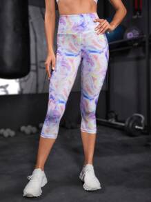 SHEIN Yoga Funny 滿版印花寬腰帶運動打底褲 - 彩色 - 查看 3