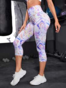 SHEIN Yoga Funny 滿版印花寬腰帶運動打底褲 - 彩色 - 查看 2