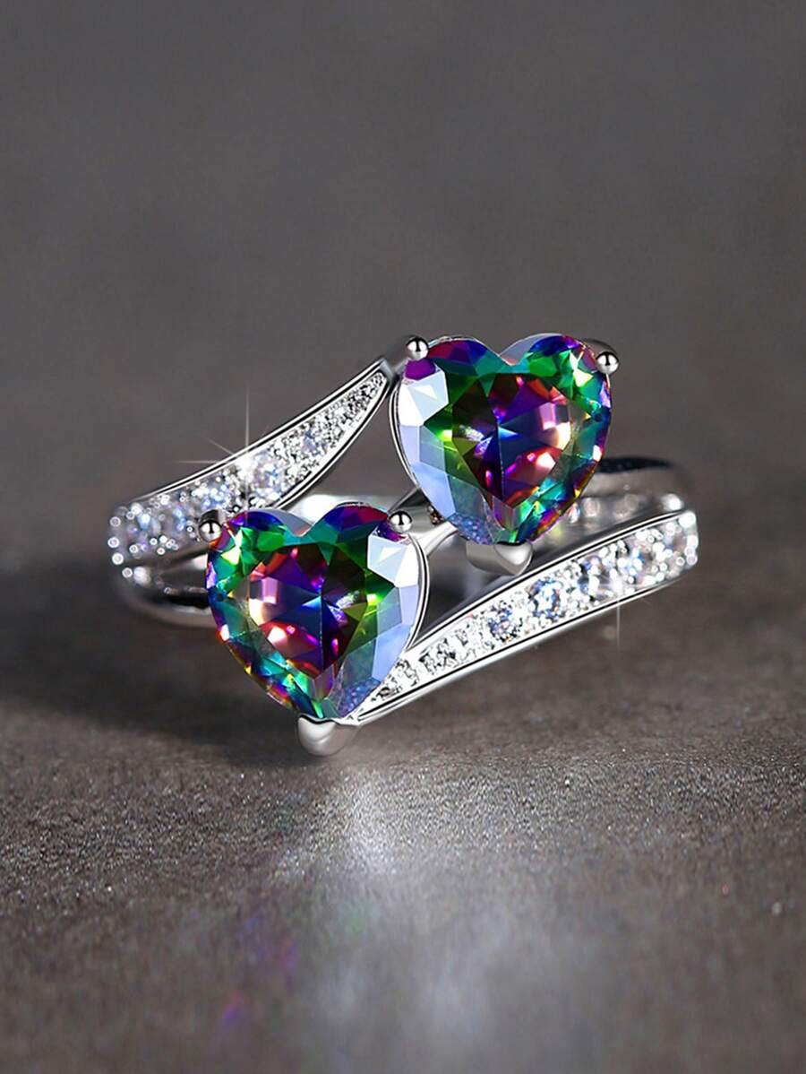 1pc Pretty Multi-colour Heart Cubic Zirconia Ring For Women For ...