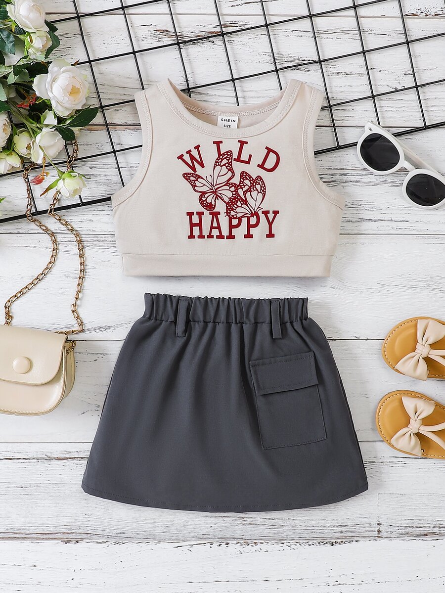 嬰兒字母圖案背心上衣和翻蓋口袋半身裙