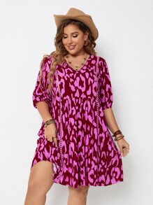 Vestido smock con estampado de leopardo de manga farol - Rosa Fucsia - Ver 3