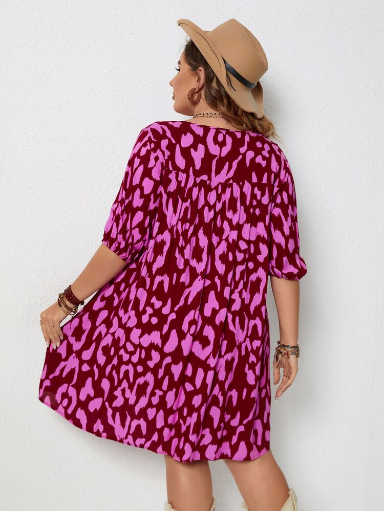 Vestido smock con estampado de leopardo de manga farol - Rosa Fucsia - Ver 2