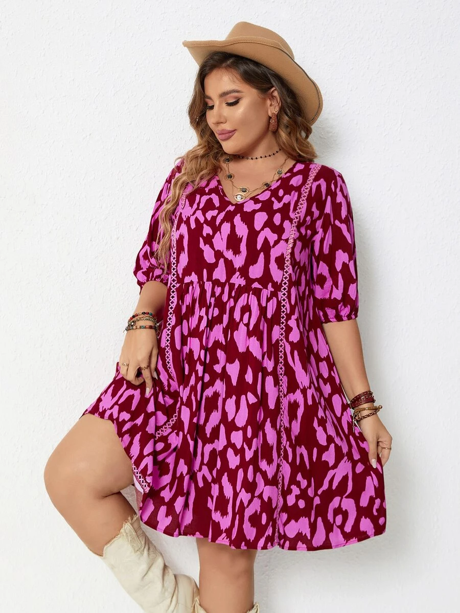Vestido smock con estampado de leopardo de manga farol - Rosa Fucsia - Ver 1