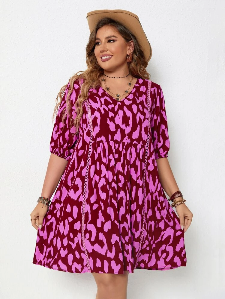 Vestido smock con estampado de leopardo de manga farol - Rosa Fucsia - Ver 6