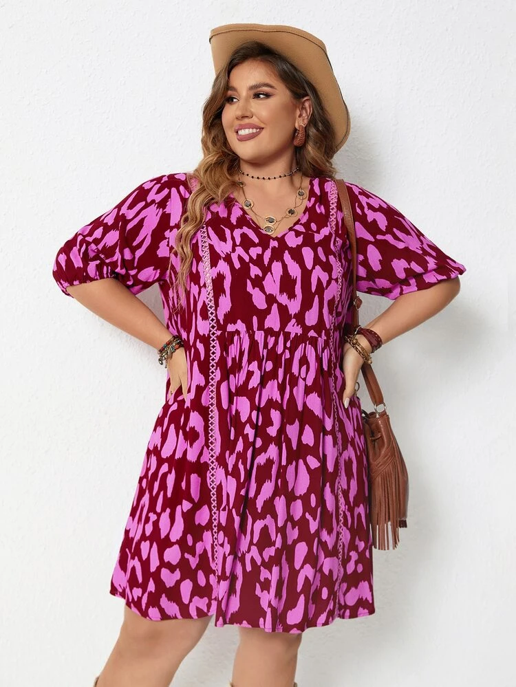 Vestido smock con estampado de leopardo de manga farol - Rosa Fucsia - Ver 5