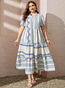 Al Najma Plus Geo Print Notched Neckline Ruffle Hem Smock Dress - Multicolor - View 1