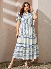 Al Najma Plus Geo Print Notched Neckline Ruffle Hem Smock Dress - Multicolor - View 4