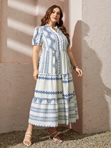 Al Najma Plus Geo Print Notched Neckline Ruffle Hem Smock Dress - Multicolor - View 5