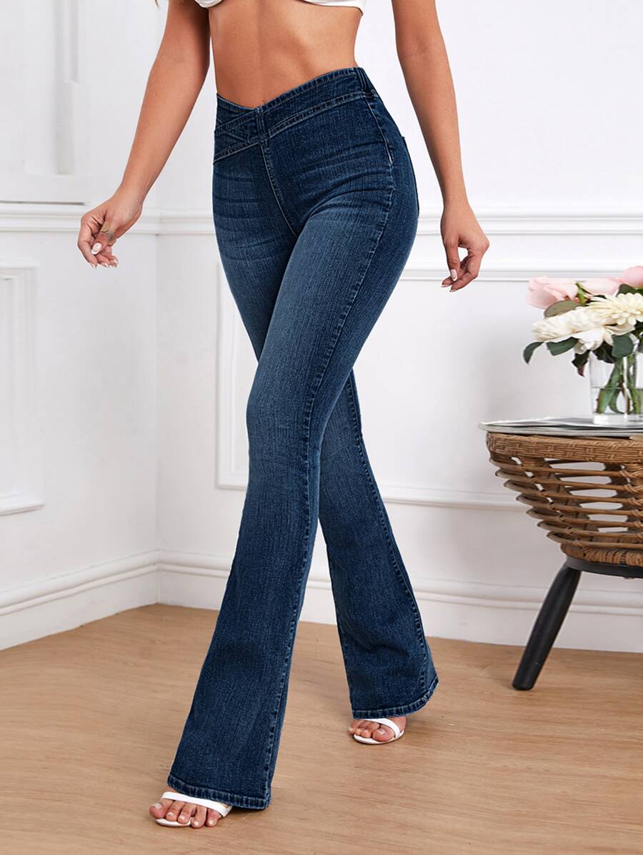 SHEIN Tall Quần jean nữ Nút Túi Dây kéo màu trơn - Rửa tối - Xem 1