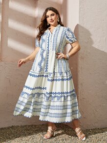 Al Najma Plus Geo Print Notched Neckline Ruffle Hem Smock Dress - Multicolor - View 6