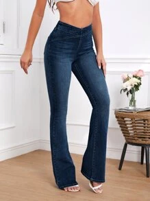 SHEIN Tall Quần jean nữ Nút Túi Dây kéo màu trơn - Rửa tối - Xem 5