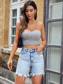 SHEIN Essnce High Waist Ripped Raw Hem Denim Shorts - Light Wash - View 2