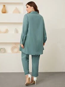 Mulvari 大碼素色前紐扣襯衫和褲子 - 青碧色 - 查看 2