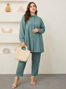 Mulvari 大碼素色前紐扣襯衫和褲子 - 青碧色 - 查看 3