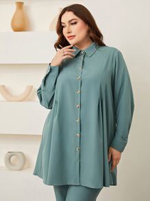 Mulvari 大碼素色前紐扣襯衫和褲子 - 青碧色 - 查看 4