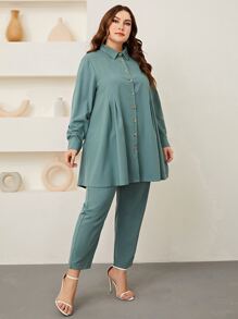 Mulvari 大碼素色前紐扣襯衫和褲子 - 青碧色 - 查看 5