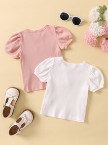 SHEIN 小女童2入組泡泡袖條紋針織T恤