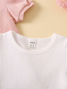 SHEIN 小女童2入組泡泡袖條紋針織T恤