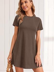 SHEIN LUNE 素色T恤洋裝 - 摩卡棕 - 查看 1
