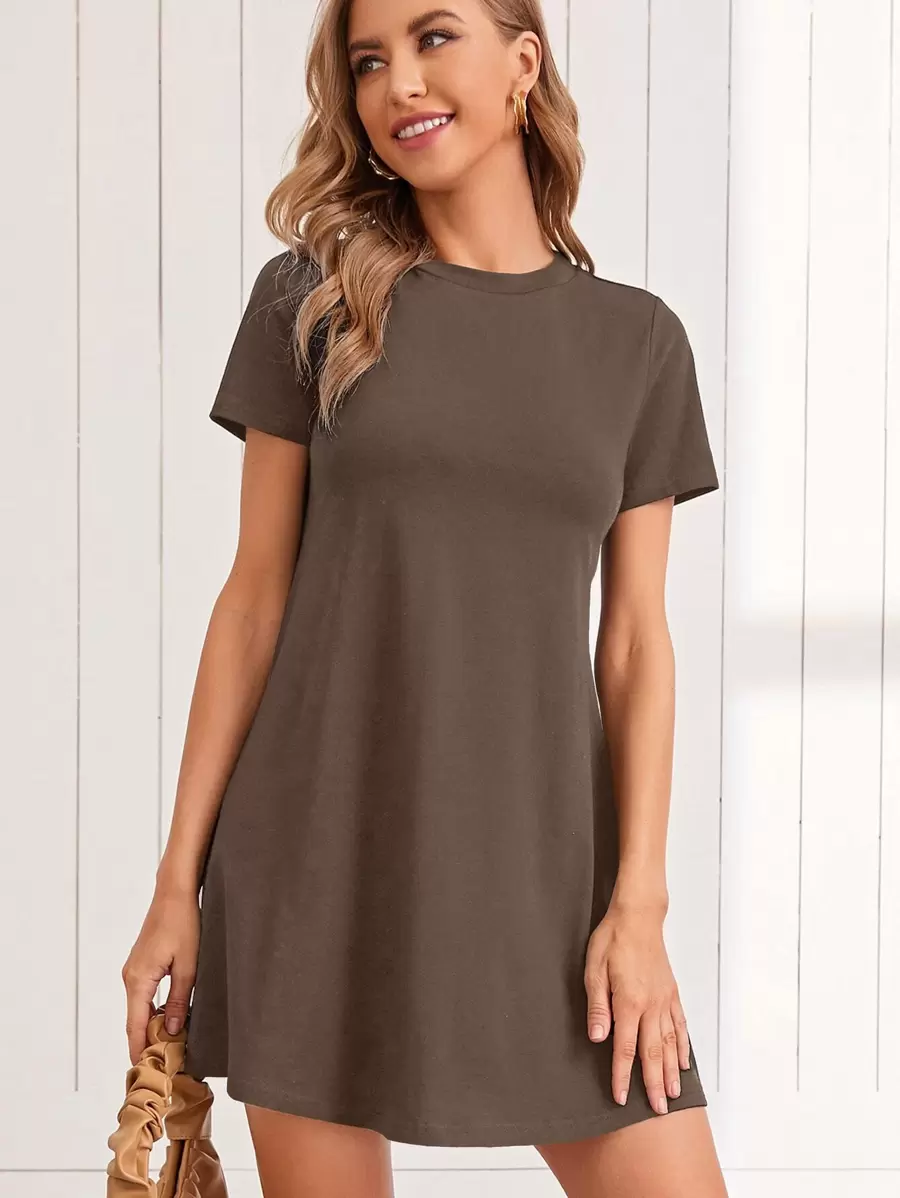 SHEIN LUNE 素色T恤洋裝 - 摩卡棕 - 查看 1