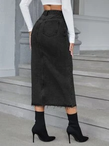 SHEIN Essnce Stepped Waist Split Thigh Denim Skirt - Dark Grey - View 2