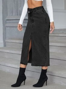 SHEIN Essnce Stepped Waist Split Thigh Denim Skirt - Dark Grey - View 5