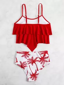 SHEIN Swim Summer Beach Tropical Print Hanky Hem Ruched High Waisted Tankini - Red and White - View 2