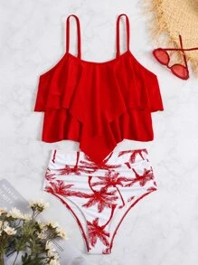 SHEIN Swim Summer Beach Tropical Print Hanky Hem Ruched High Waisted Tankini - Red and White - View 3