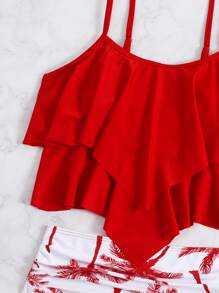 SHEIN Swim Summer Beach Tropical Print Hanky Hem Ruched High Waisted Tankini - Red and White - View 4