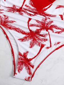 SHEIN Swim Summer Beach Tropical Print Hanky Hem Ruched High Waisted Tankini - Red and White - View 6