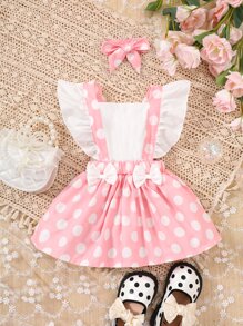 Baby Polka Dot Ruffle Trim Bow Front Pinafore Dress - Multicolor - View 1