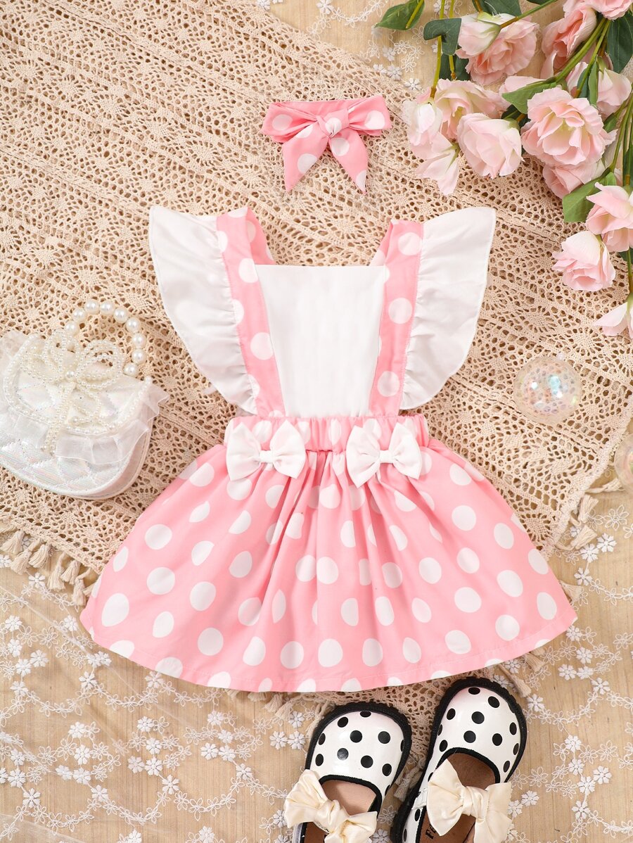 Baby Polka Dot Ruffle Trim Bow Front Pinafore Dress - Multicolor - View 1