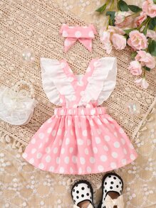 Baby Polka Dot Ruffle Trim Bow Front Pinafore Dress - Multicolor - View 2