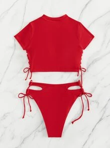 SHEIN Swim 素色比基尼套裝短袖T恤和鏤空側繫帶下裝2入組泳衣 - 紅色 - 查看 2