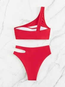 Solid Bikini Set Cut-Out One Shoulder Top & High Waisted Bottom 2 Piece Bathing Suit - Red - View 2