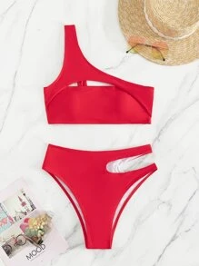 Solid Bikini Set Cut-Out One Shoulder Top & High Waisted Bottom 2 Piece Bathing Suit - Red - View 4