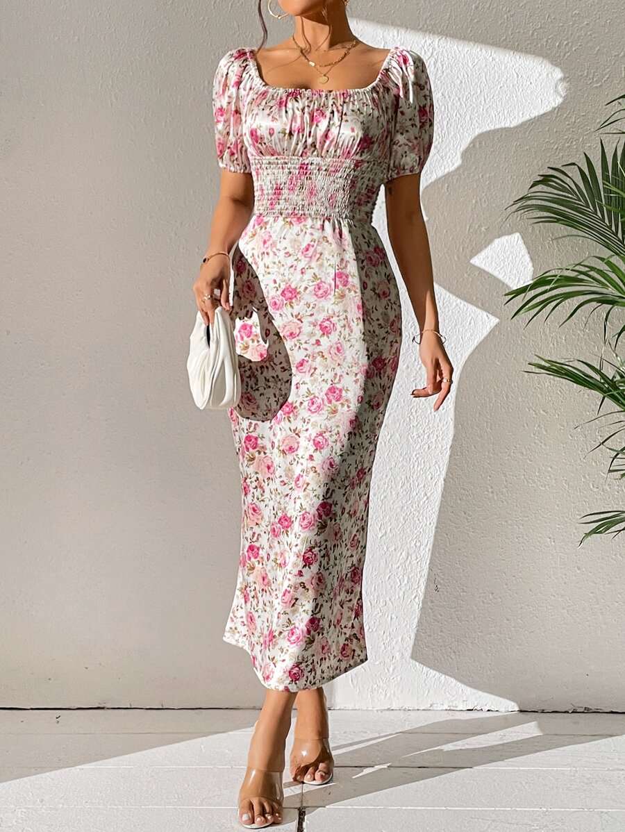 GENKIRA 滿版印花打褶泡泡袖連衣裙 - 彩色 - 查看 1