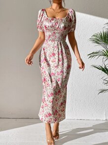 GENKIRA 滿版印花打褶泡泡袖連衣裙 - 彩色 - 查看 4